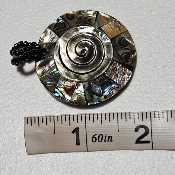 Handmade Abalone Shell Silver Spiral Pendant Black Seed Beaded Loop Jewelry - Picture 4 of 4
